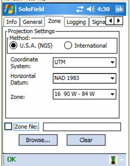 then Solo will export your shapefiles in the Coordinate system, Datum, and Zone that are set up on the Zone tab (for example UTM, NAD83, Zone 16).