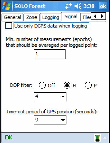 Solo Forest Settings Signal Tab The Signal Tab is where we set our parameters for maximum allowable HDOP or PDOP.