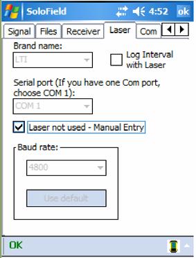 Laser Tab Solo Forest Settings Be sure and check the Laser not used Manual Entry box on the Laser tab because we will need that set up correctly when we use the Log by Laser technique