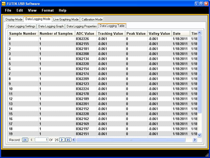 20 Data Logging Table This tab shows a table of the samples recorded during the data logging session.
