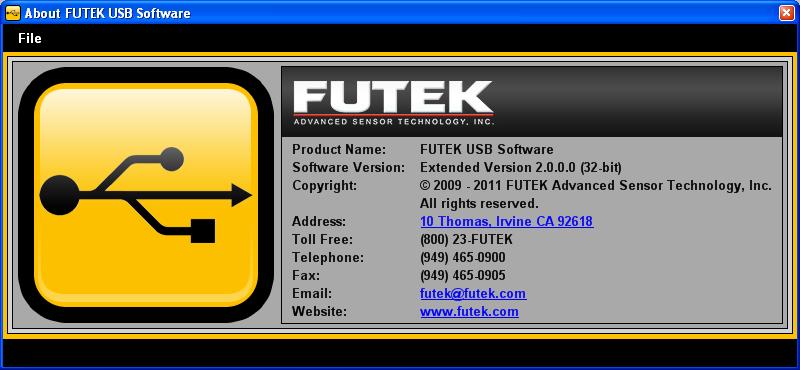 30 About About FUTEK USB Software This form allows the user to