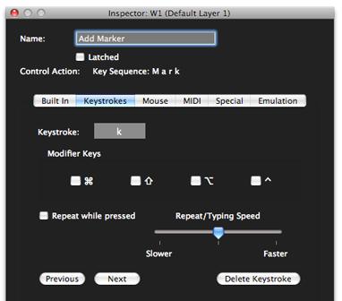 Action Tabs Keystrokes Tab The MCS3 controls can be assigned to send a sequence of keystrokes to an application just as if they were keys on the Mac keyboard.