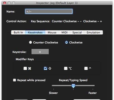 The Keystrokes tab can vary depending on the type of MCS3 control selected. For the Wheel, different key sequences can be assigned to each direction.
