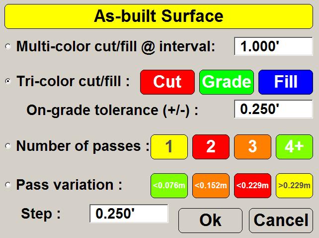 Within 3DMC, there are 4 options for displaying the cut / fill information: Multi-color cut/fil @ interval With this option, the color interval is the vertical distance at which the cut / fill color