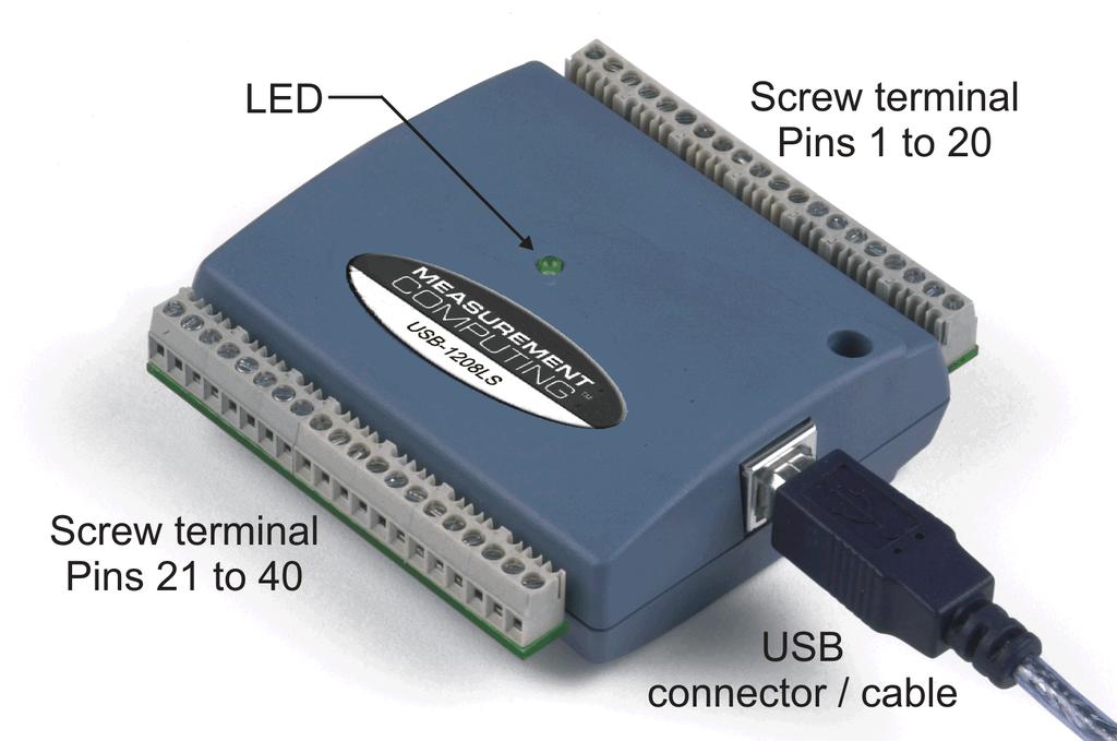 Functional Details External components The USB-1208LS has the following external components, as shown in Figure 3-1.! USB connector! LED! Screw terminal banks (2) USB connector Figure 3-1.