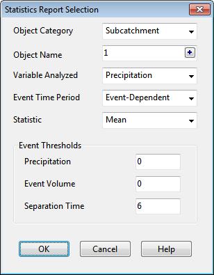 Object Category Select the category of object to analyze (Subcatchment, Node, Link or System). Object Name Enter the ID name of the object to analyze.