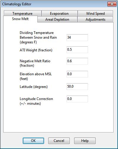 Snowmelt Page The Snowmelt page of the Climatology Editor dialog is used to supply values for the following parameters related to snow melt calculations: Dividing Temperature Between Snow and Rain
