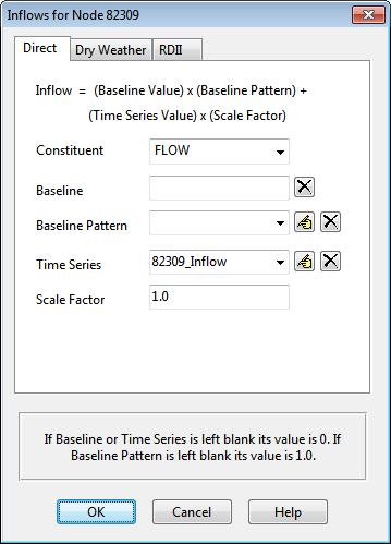C.9 Inflows Editor The Inflows Editor dialog is used to assign Direct, Dry Weather, and RDII inflow into a node of the drainage system.