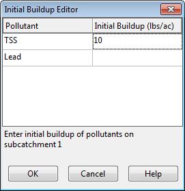C.10 Initial Buildup Editor The Initial Buildup Editor is invoked from the Property Editor when editing the Initial Buildup property of a subcatchment.