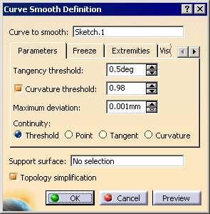 The Curve Smooth Tool - Thresholds to define what is to be corrected - Maximum deviation to specify the deviation allowed from the original curve - Topology simplification to clean the resulting