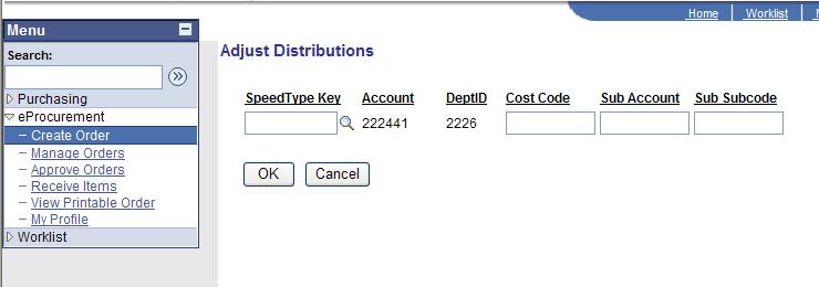 Change the Account Number for the Entire Requisition 1. To charge the entire requisition to a single account number that is different than your default account, click Adjust Distributions.