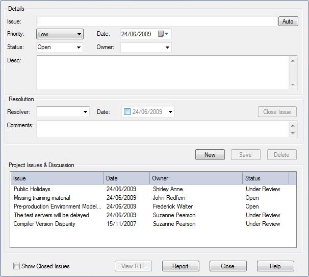 50 Project and Model Issues Project Issues Dialog 8.2 Project Issues Tab The Project Issues tab in the System window enables any identified issues to be recorded against the current project.