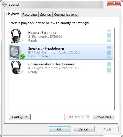 Next, make sure that the Sound settings in Windows pertaining to Recording and Playback devices are correctly configured. From the Sound applet, select the Playback tab.