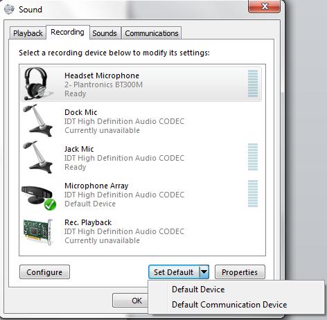 Again, click on Headset Microphone, which represents the connected Plantronics BT300M device, and click on the drop-down arrow next to the Set