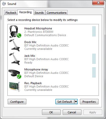Figure 8 Sound Window Recording Tab Default Set Click OK to save the changes.