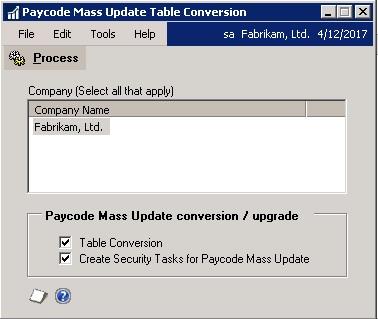 CHAPTER 1 INSTALLATION To create tables and run table conversions: 1. Open the Table Conversion window. (Microsoft Dynamics GP menu >> Maintenance >> Encore PayCode Mass Update >> Table Conversion) 2.