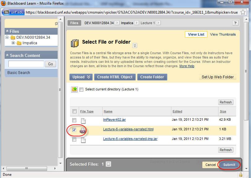 4. A new window containing your Course Files will open. Click the Impatica folder > Folder for the lecture > then select the.html file by checking the box to the left of the file. Click Submit.