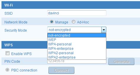 Security Mode Description: Figure 4-5 Security Mode You can choose the Security Mode as not-encrypted, WEP, WPA-personal, WPA-enterprise, WPA2-personal, and WPA2-enterprise.