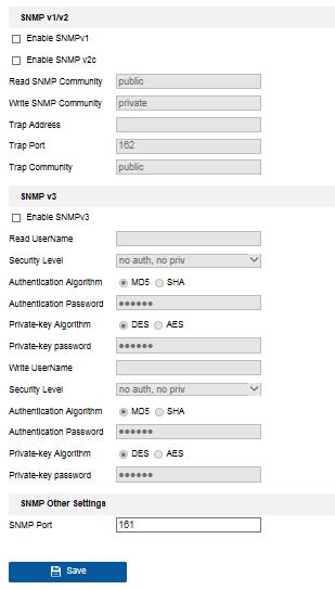 Figure 7-7 SNMP Settings 2. Check the checkbox of Enable SNMPv1, Enable SNMP v2c, Enable SNMPv3 to enable the feature correspondingly. 3. Configure the SNMP settings.