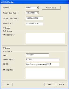 1. Select the port number in ComPort drop down list from where the GSM/GPRS modem is connected. 2. Click Modem Setup button to automatically detect the Modem Baud Rate. 3.
