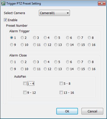For the PTZ camera end point, user can also select on preset position or Auto Pan between preset position groups.