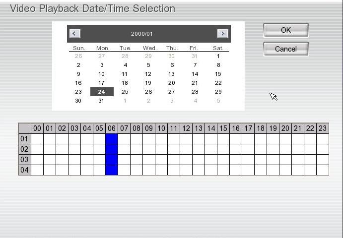 Name Function (5) Date Select the date on the calendar and the time from 00 to 23 to where to start playing the recorded video file. i The numbers from 00 to 23 represent the time in 24-hour clock.