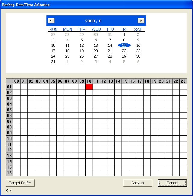 In Backup date/time selection window, select the date and time. 00-24 represents hours and 01-04 represents channels.