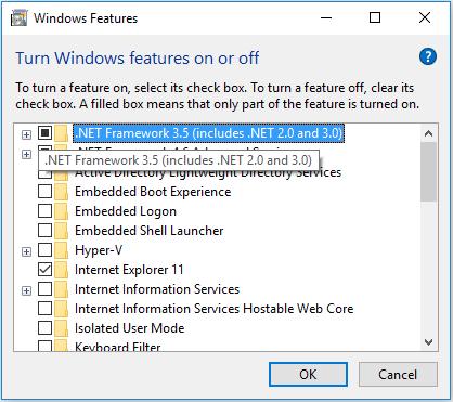 2. The Windows Features dialog opens. Wait for the full list of features to appear, which may take up to several minutes. Select the.net Framework 3.5 (includes.