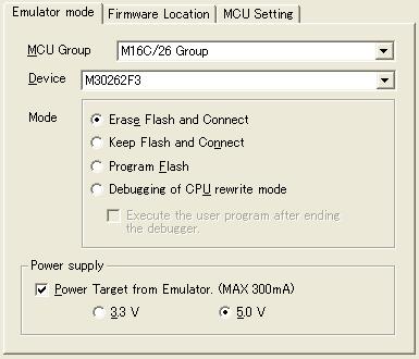 Section 7 Debugger Setting 2. [Emulator mode] tab Device selection, mode specification and power supply setting are made from the [Emulator mode] tab of the [Emulator Setting] dialog box. Figure 7.