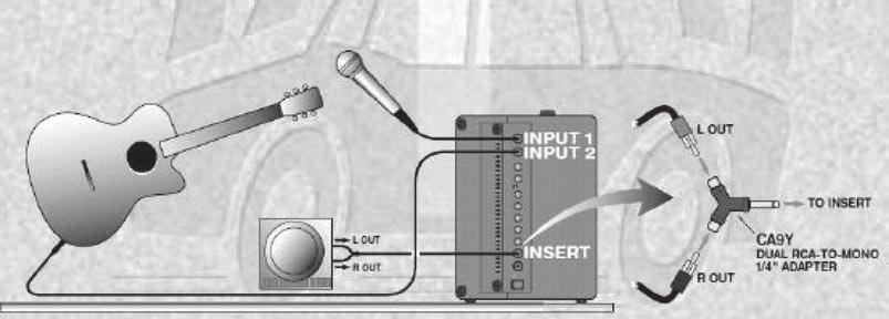 Application 4 Plug a mic into Input 1, and an instrument such as a guitar into Input 2, and a drum