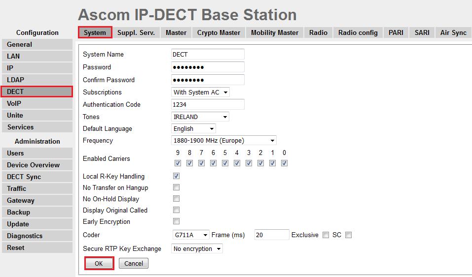8.2. Configure IP-DECT Base Station System Information Select DECT in the left column and click on the System tab in the main window.