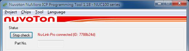 Figure 4-7 Nu-Link Adapter Connected with a Target Chip Detected Step 8b: Figure 4-8 shows that the ICP Tool has been connected with the Nu-Link Adapter with no target chip detected.