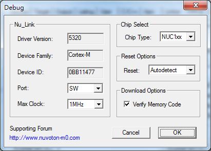 Nu-Link Pro Nu-Link & Nu-Link-Me Figure 4-11 Nu-Link Adapter Parameter Settings Table 4-1 Debugger Function Settings Description Debug Function Driver Version Chip Type Reset IO Voltage Description