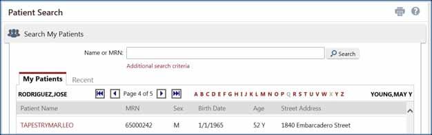 Search by Patient Name or MRN (Medical Record Number) Or scroll and click
