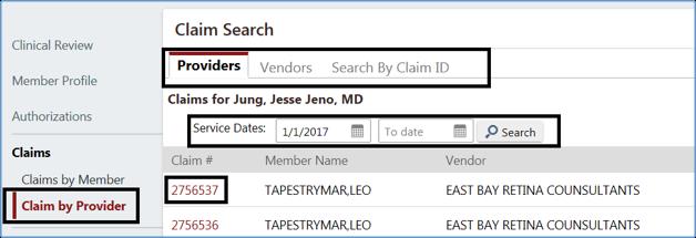 To view claims specific to your tax ID, click Claims by Provider in the Navigator.