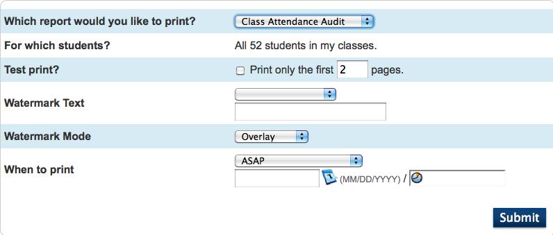 To Print PowerSchool Reports for One Section of Students: 1. On the Start Page, click the printer icon next to the section for which you want to print reports 2.