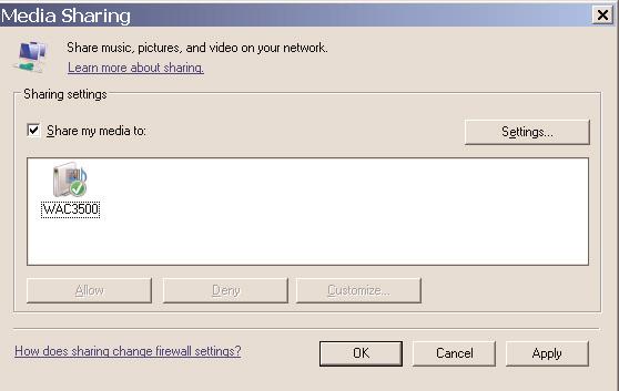 Click Configure Sharing. 7 When your center is connected to your home network, it appears in the window. Click the WAC3500 icon, and then click Allow.