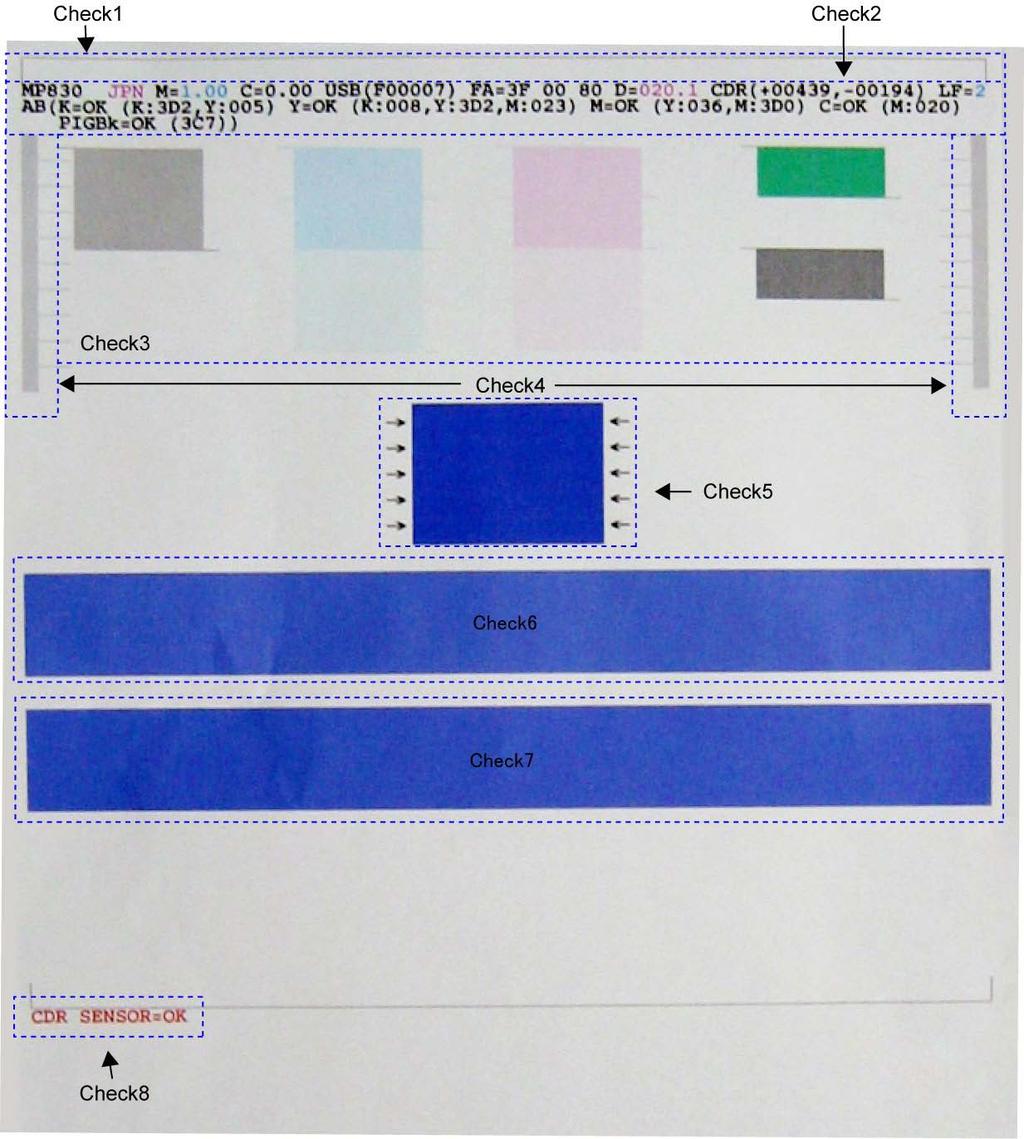 <Service test print sample> (2) EEPROM information print <How to read EEPROM information print> Print sample: : MP830 2: JPN 3: V.00 4: IF(USB2=) 5: D=020.