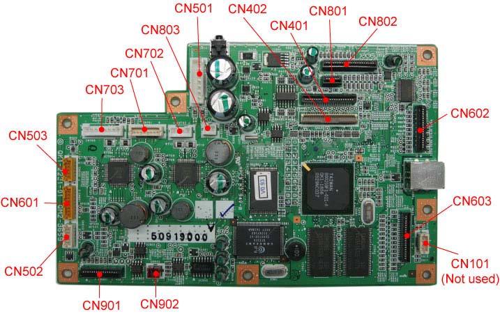 2. CONNECTOR LOCATION AND PIN LAYOUT 2-. Logic Board Ass'y CN0 (Not used) CN40 (Print Head /2 [Carriage Unit]) No.