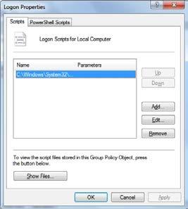 The script itself is saved in a file logon.bat. For additional information about creating group policy objects, see Assign user logon scripts at https://technet.microsoft.