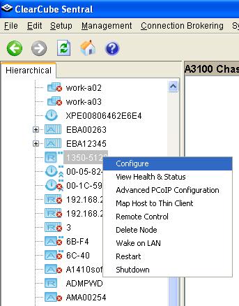 The following figure shows the host right-click menu. Figure 74. Host right-click menu options Configure: Brings up a screen with a list of all the hosts. Select the host you wish to configure.