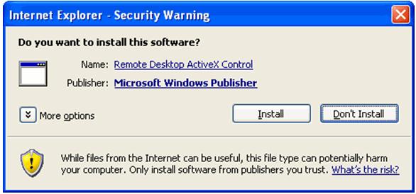 Click Install to install an RDP client as an ActiveX control.