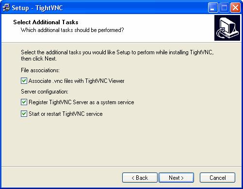 Chapter 2: Installing ClearCube Sentral Version 5.8 Start or restart TightVNC service (default is not checked) Select Both Figure 23. TightVNC Select Additional Tasks Setup Screen 7.