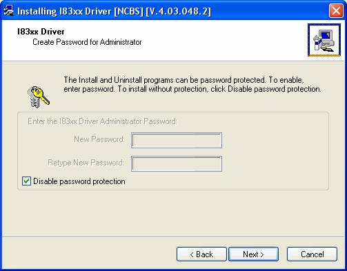 When you reach the I83xx Driver Password Screen shown in the following figure, it is recommended, but not required, to disable password protection on the driver.