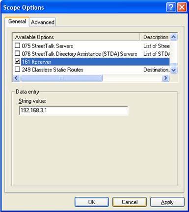 From the Scope Options dialog box, specify string values for each predefined value you created in Adding Predefined Options to DHCP Settings on page 48. a.