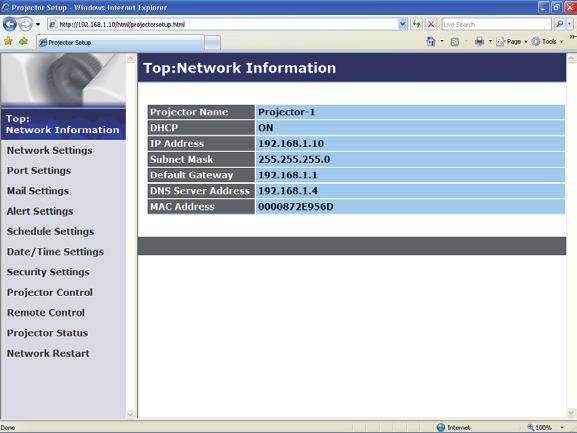 3. Web Control 3.2 Network Information Displays the projector s current network configuration settings.