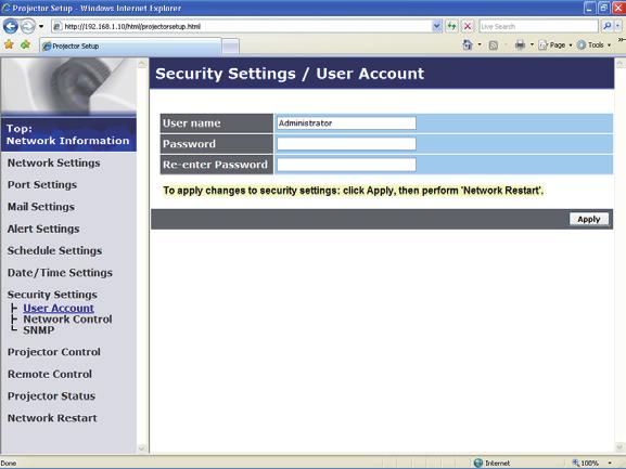 3. Web Control 3.9 Security Settings Displays and configures passwords and other security settings.
