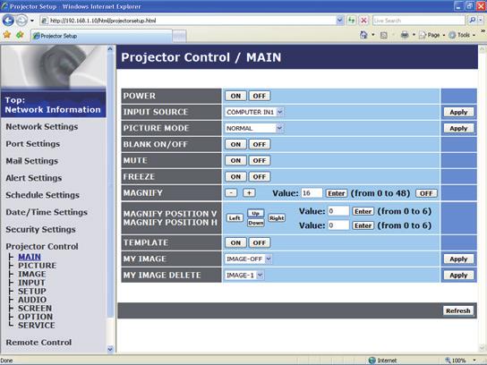 3.10 Projector Control 3. Web Control The items shown in the table below can be performed using the Projector Control menu. Select an item with the mouse. Most of the items have a submenu.