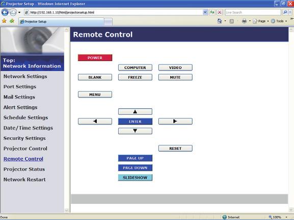 3. Web Control 3.11 Remote Control You can use your Web browser to control the projector.