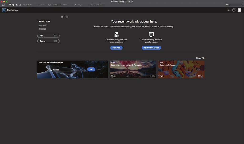 At the top-left corner, the Start workspace gives you quick access to recent files, Creative Cloud libraries, and Photoshop document presets.